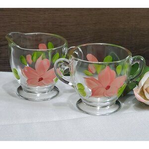 Bartlett Collins Handpainted Creamer Sugar Set desert rose flower pink floral gl